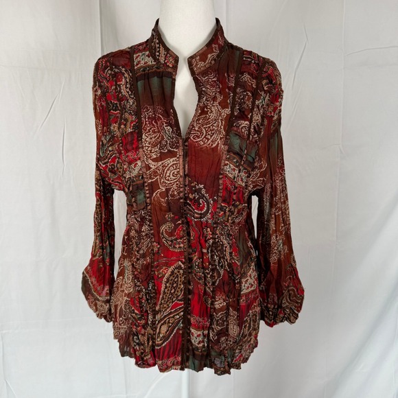 Piano Tops - Piano Womens Large Paisley Print Crinkle Blouse Rust Red Boho Ribbon Trim Top